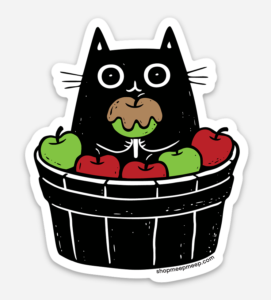 Vinyl Sticker of a an illustrated black cat sitting  in a barrel of apples on a white background, cat is holding a caramel apple. 