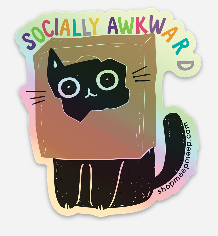 Holographic Sticker with an illustrated black cat wearing a paper bag over it's head but it's eyes, ear and nose are peaking out.  The text 'Socially Awkward' is at top