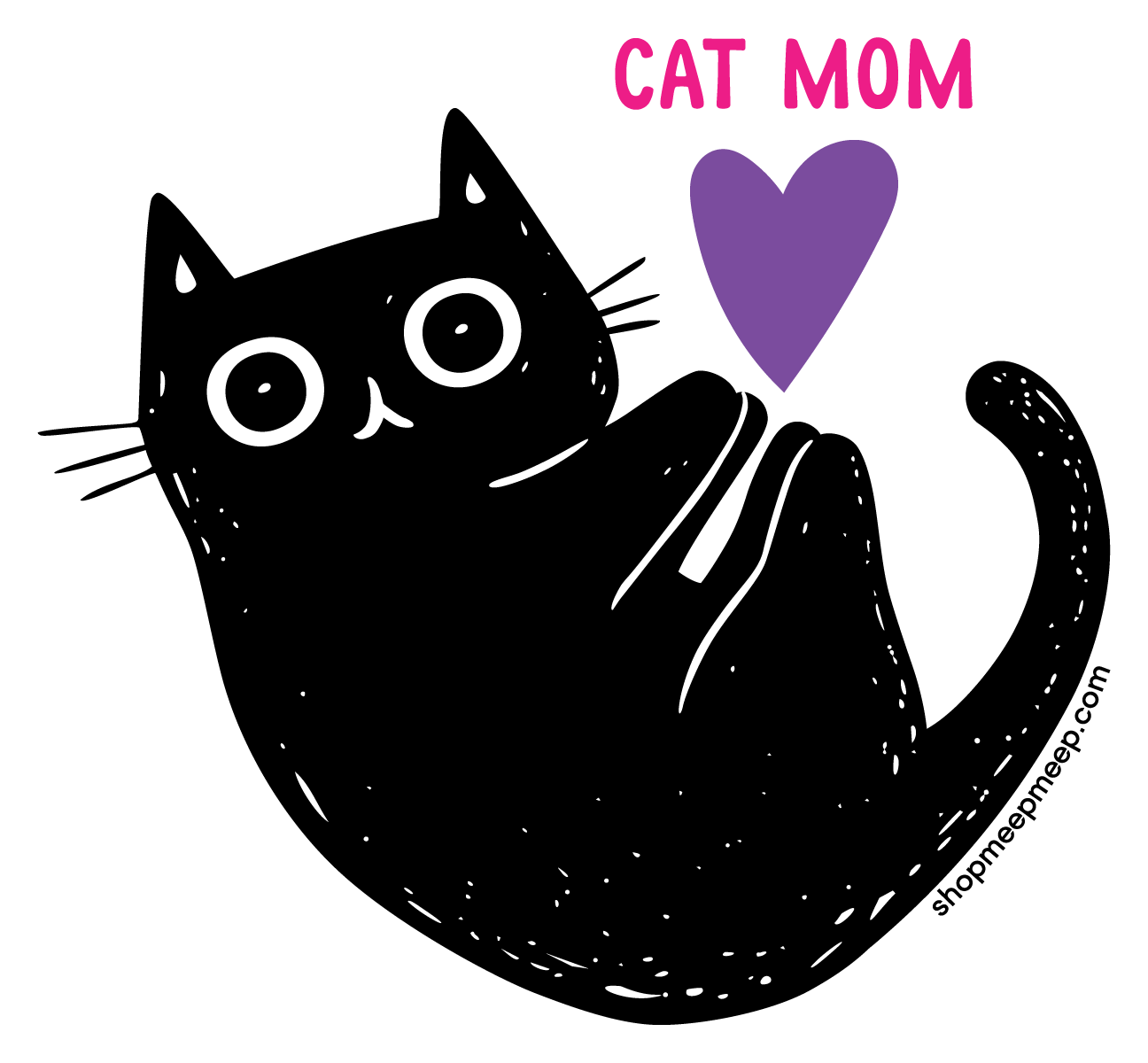 A Meep Meep Vinyl sticker of black cat holding a purple heart with the words Cat Mom above. 