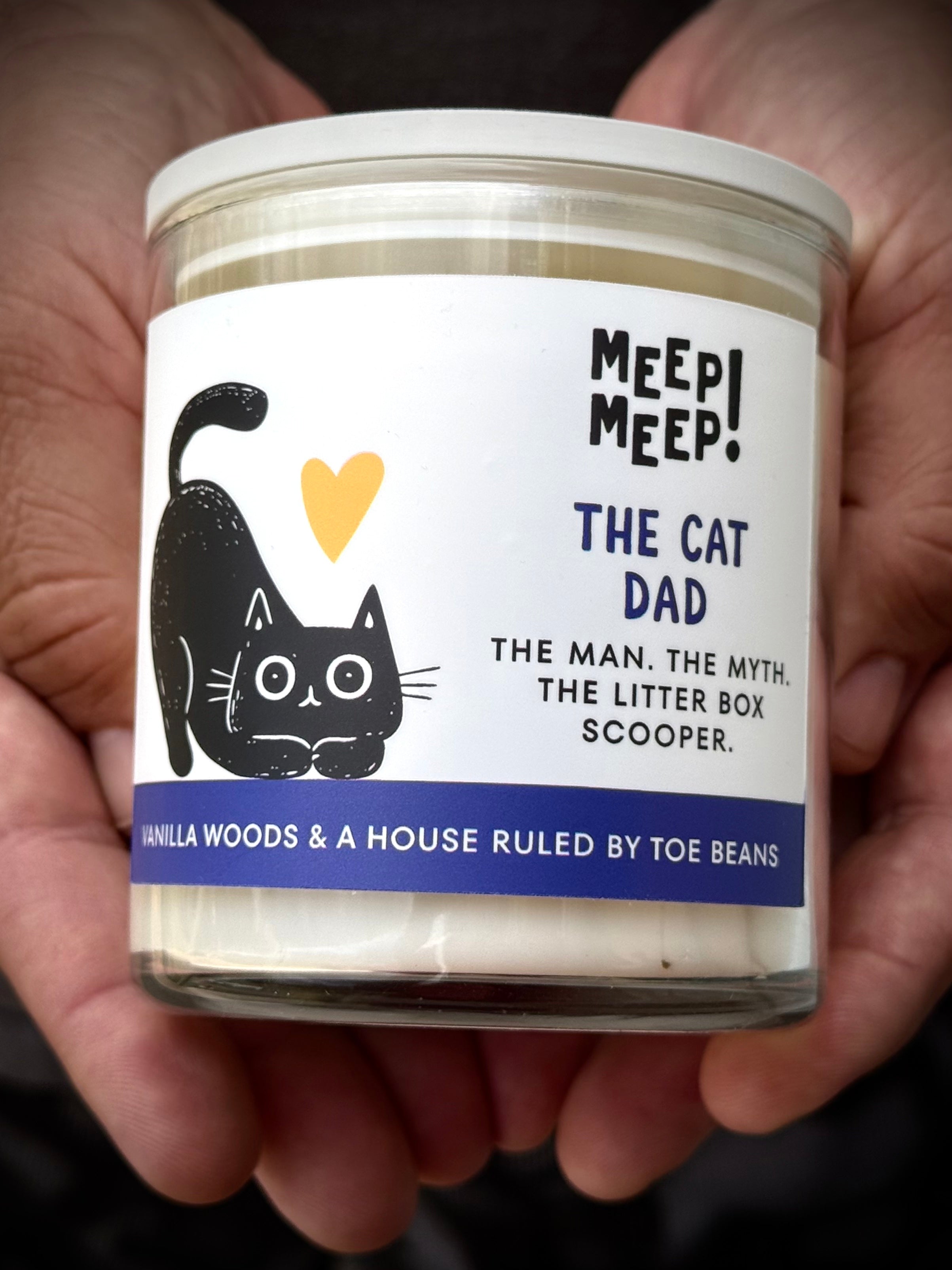 Meep Meep Candle titles Cat Dad. Illustrated black cat with yellow heart. Perfect candle for the Cat Dad in your life. 