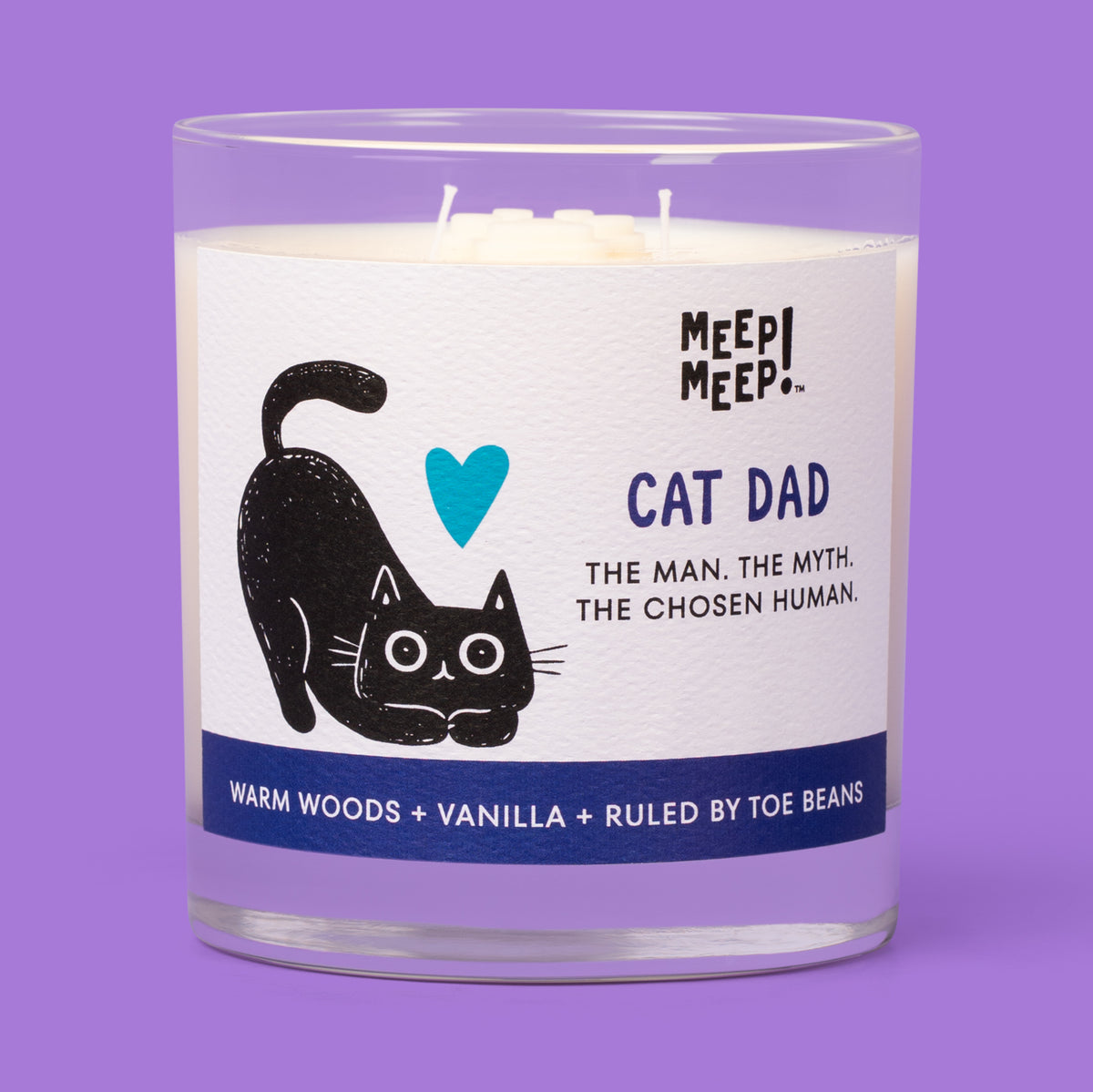 Meep Meep Cat Dad candle in a clear glass jar with a label featuring a stretching black cat and teal heart.