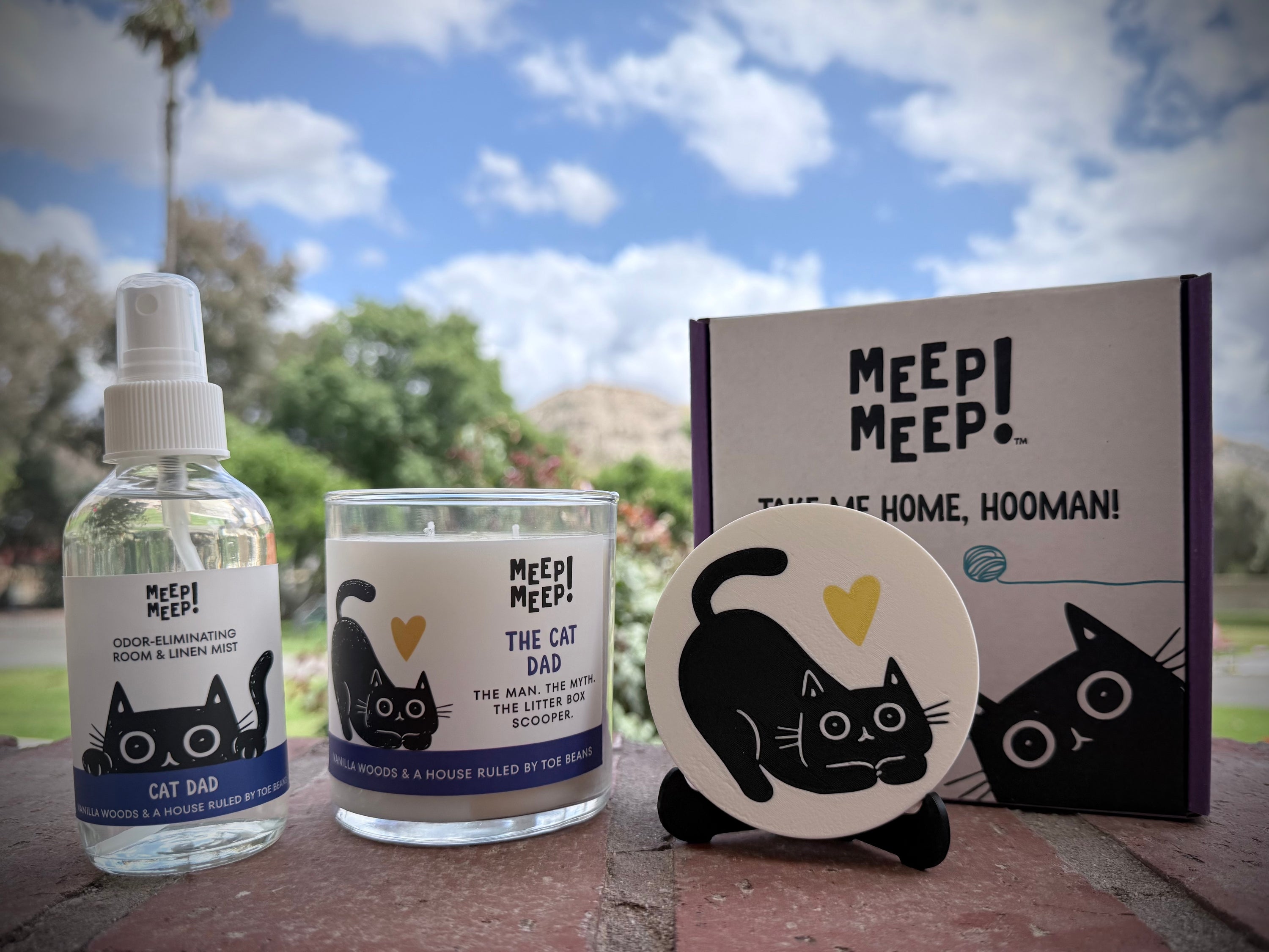 Meep Meep Cat Dad candle, room spray and box photoed together. 