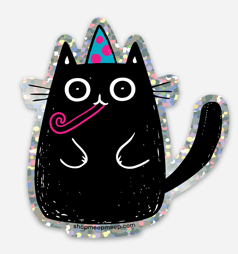 Glitter sticker of illustrated black cat wearing a party hat and with a party horn in it's mouth. 