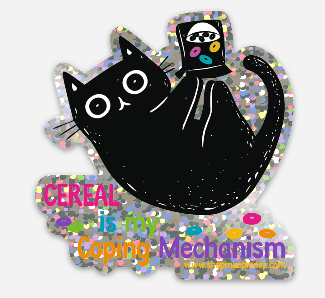 Glitter Sticker with a black cat and cereal box design, featuring text 'Cereal is my Coping Mechanism' on a white background.
