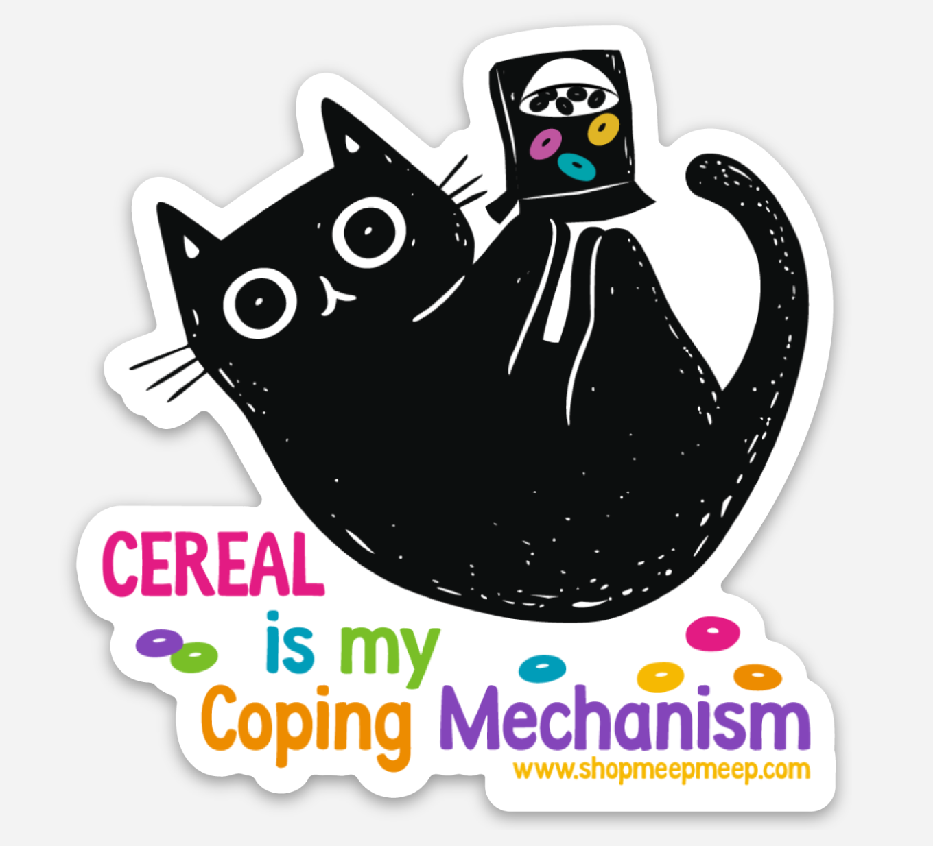 Vinyl Sticker with a black cat and cereal box design, featuring text 'Cereal is my Coping Mechanism' on a white background.