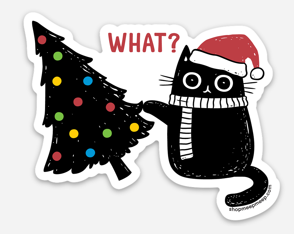 Vinyl Sticker with an illustrated black cat in a Santa knocking over a Christmas tree, with 'WHAT?' text above.