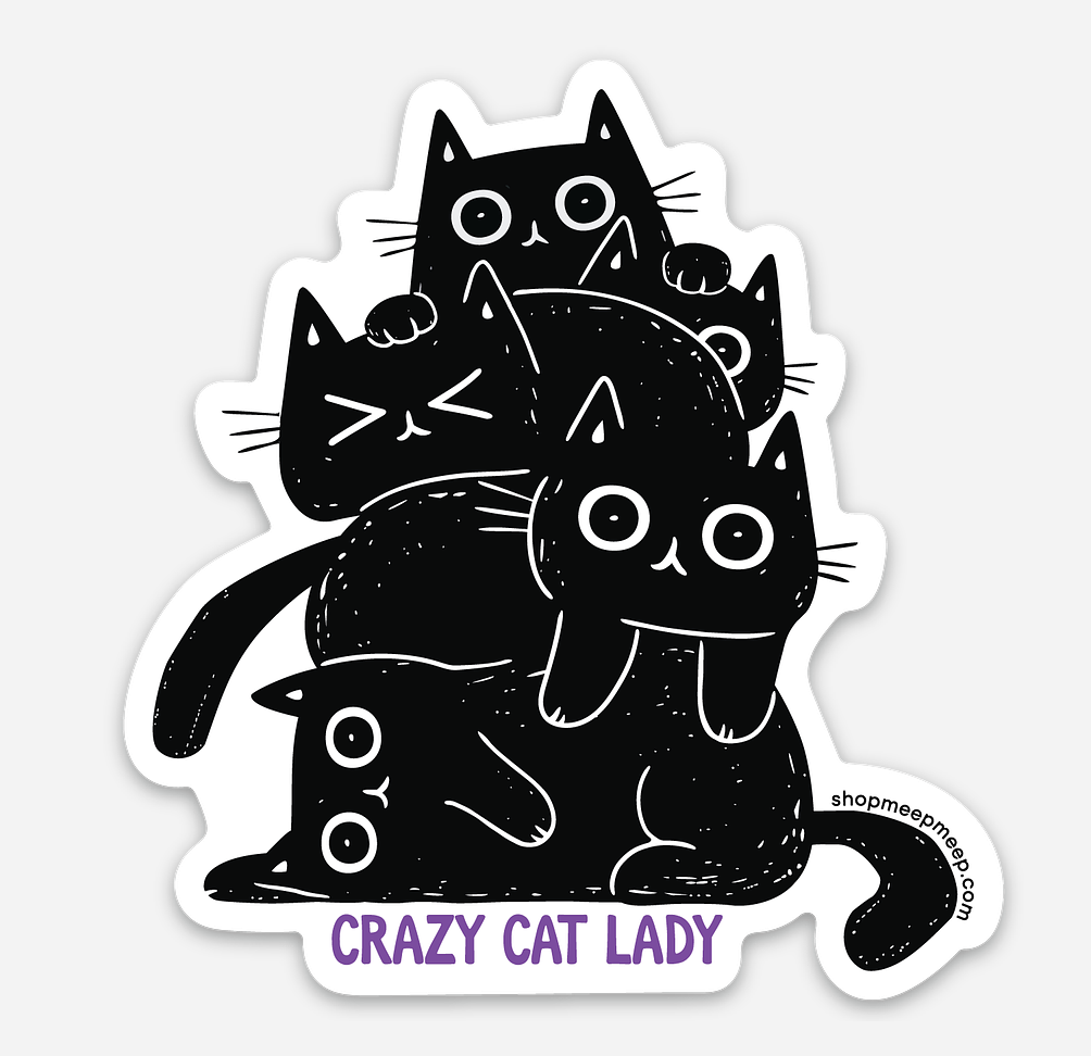 Vinyl Sticker with illustration of 5 black cats climbing on top of eachother.  and 'Crazy Cat Lady' text at bottom on a white background