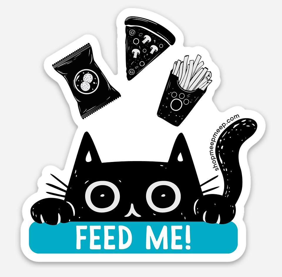Vinyl Sticker with an illustrated black cat and 'FEED ME!' text, surrounded by food items on a white background.