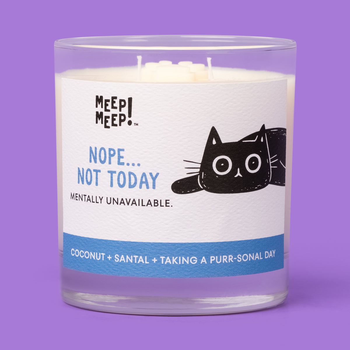 Meep Meep Nope Not Today candle in a clear glass jar with a blue-accented label featuring a lounging black cat.