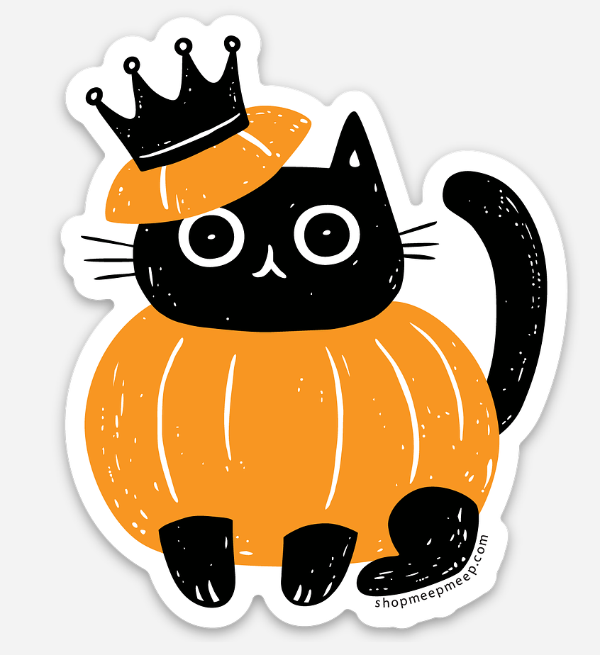 Vinyl Sticker of an illustrated black cat in an orange pumpkin costume with a crown on it's head on a white background