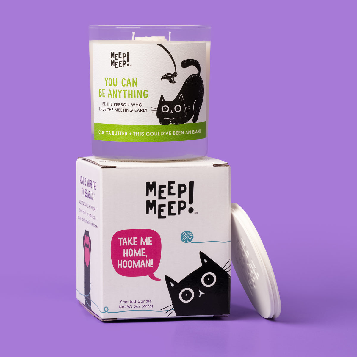 You Can Be Anything candle on its cat-themed gift box reading “Take me home, hooman!” with a white lid beside it.
