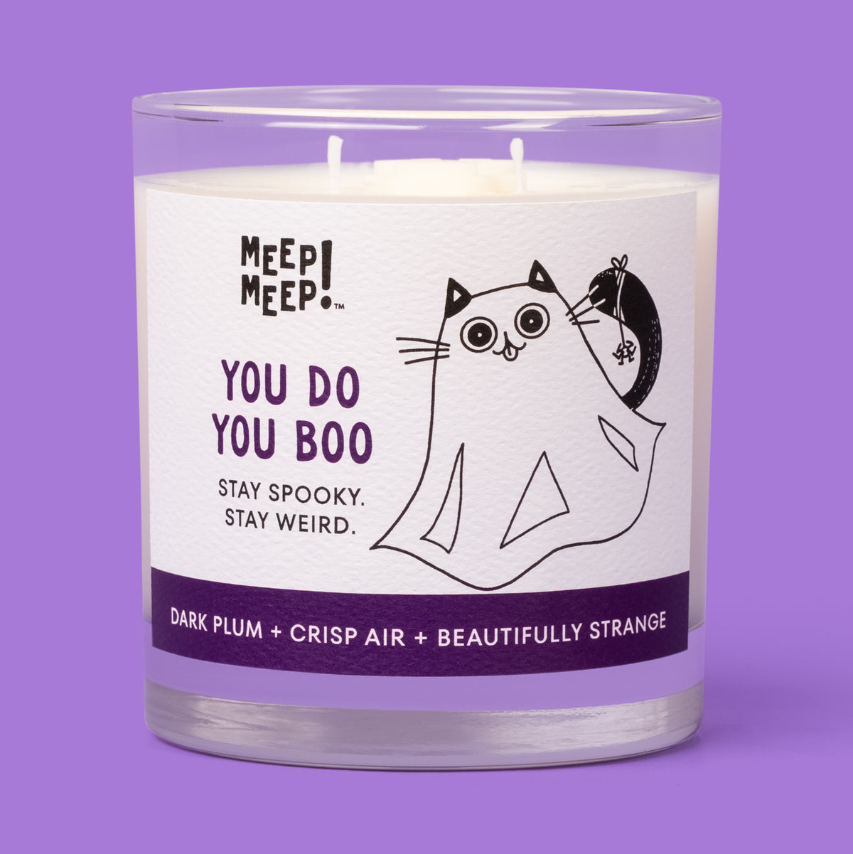 Meep Meep “You Do You Boo” candle in a clear glass jar with a ghost-costumed cat and “Stay spooky. Stay weird.” label.
